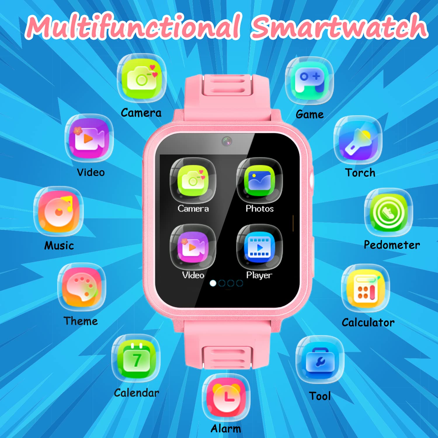 Wiszodet Smart Watch For Kids Gift For Girls Age 5-12, 1.54'' Touch Screen Watch With Hd Camera Video 24 Games Music Pedometer F